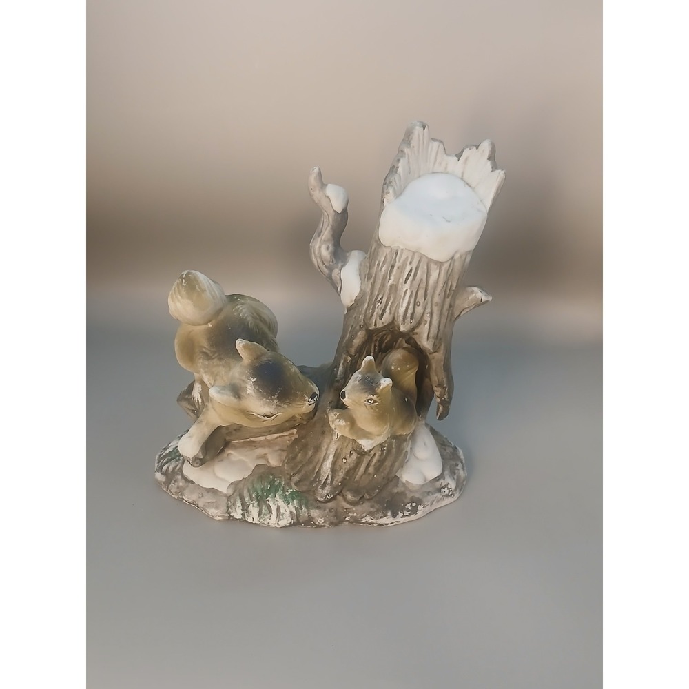 Vintage GEI 1997 Squirrel Figurine Winter Snow Tree Stump Ceramic Woodland Decor